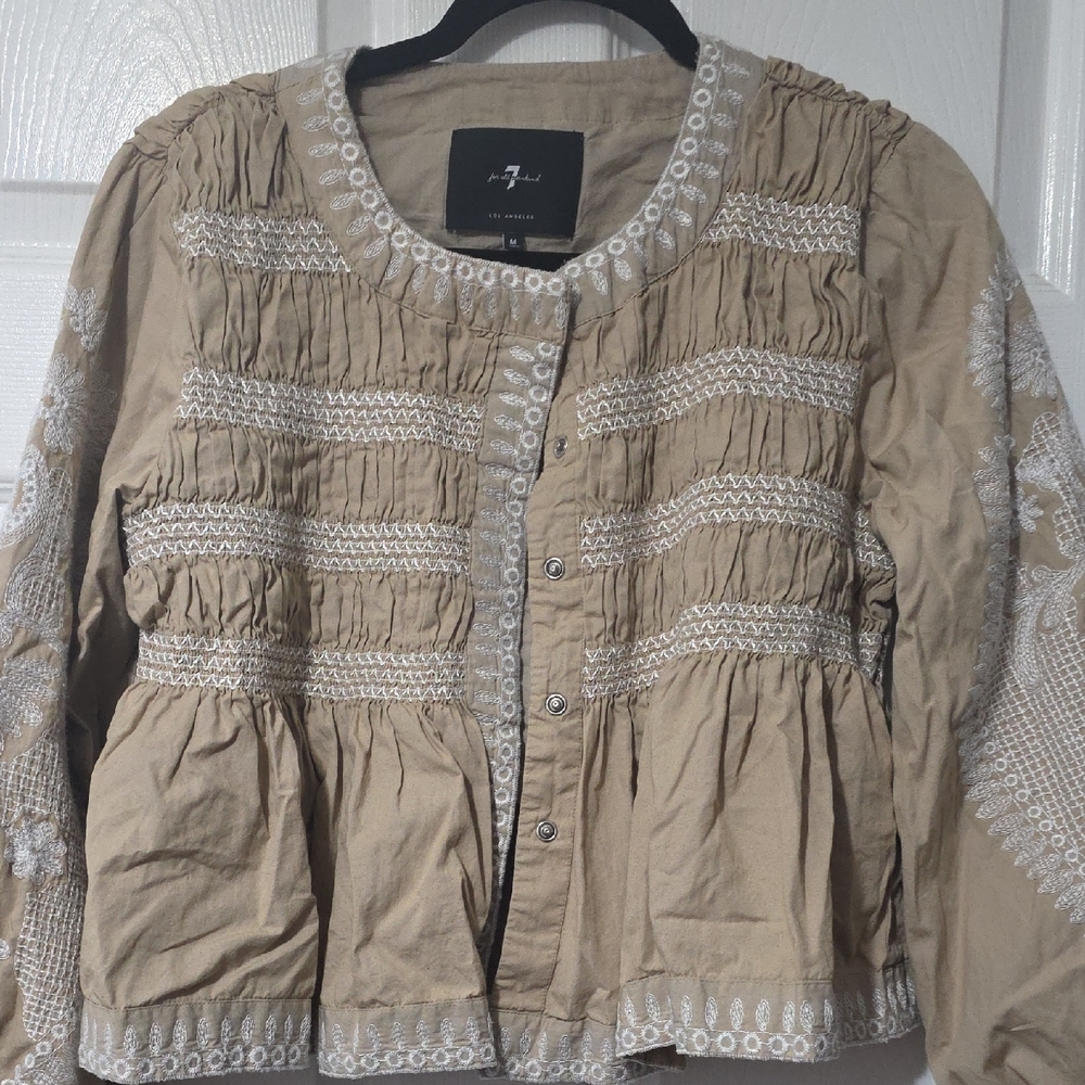 7 For All Mankind Khaki Utility Jacket with White Embroidery